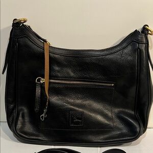 Dooney & Bourke Black Leather Hobo Bag with Gold Accents Red Interior